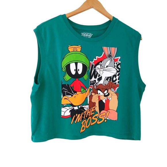 Warner Bros Looney Tunes Green Crop Sleeveless Muscle Tank Top Graphic Size XL - Picture 1 of 5